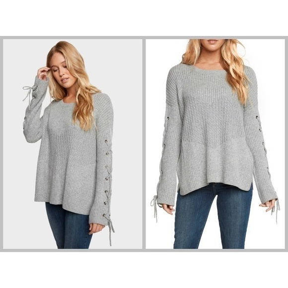 💕SANCTURY - ANTHROPOLOGIE💕 Lace Up Sleeve Pullover Sweater Grey Small S NWT - Picture 3 of 8